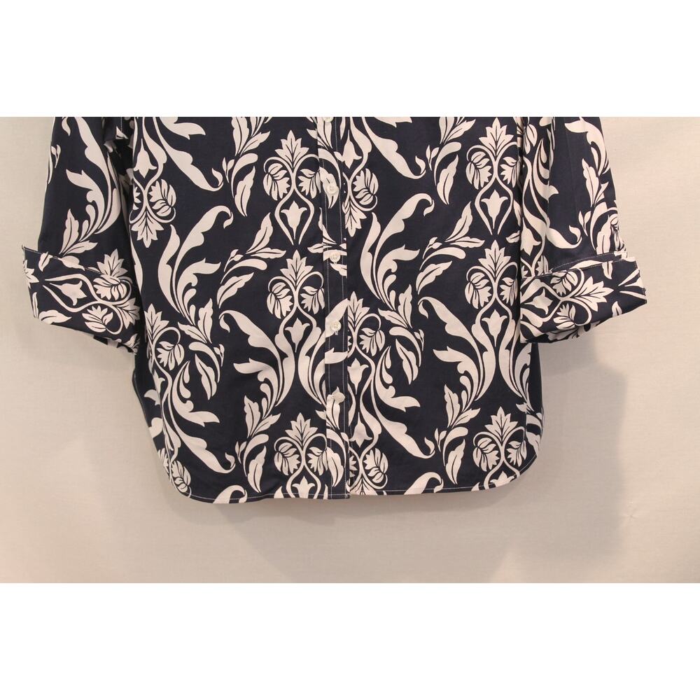 Chico's Cotton No Iron Top Womens size 12 Navy White Cuff 3/4 Sleeve Button Up - Picture 3 of 7